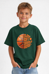 Boys Sleep Eat Dribble Basketball Green Down Shoulder T-shirt