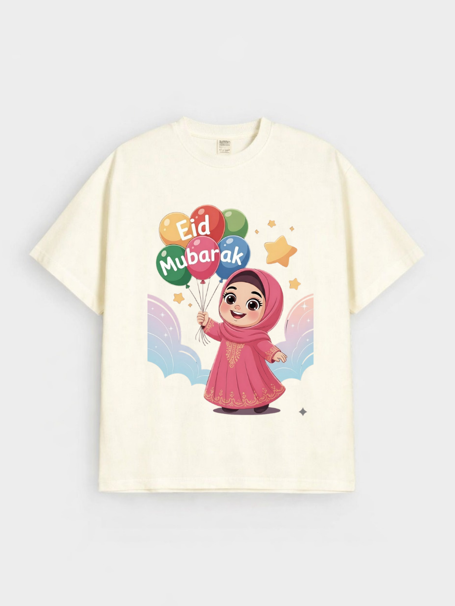 Girls Eid Mubarak Balloon Princess Graphic Down Shoulder T-shirt for Eid Celebration