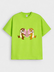 Boys Cartoon Chip and Dale Print Green Down Shoulder T-shirt
