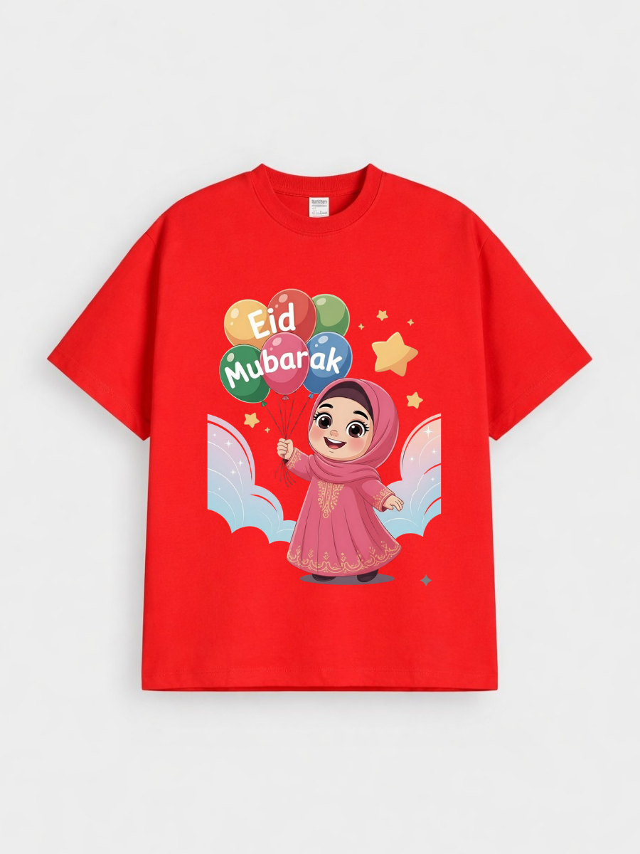 Girls Eid Mubarak Balloon Princess Graphic Down Shoulder T-shirt for Eid Celebration