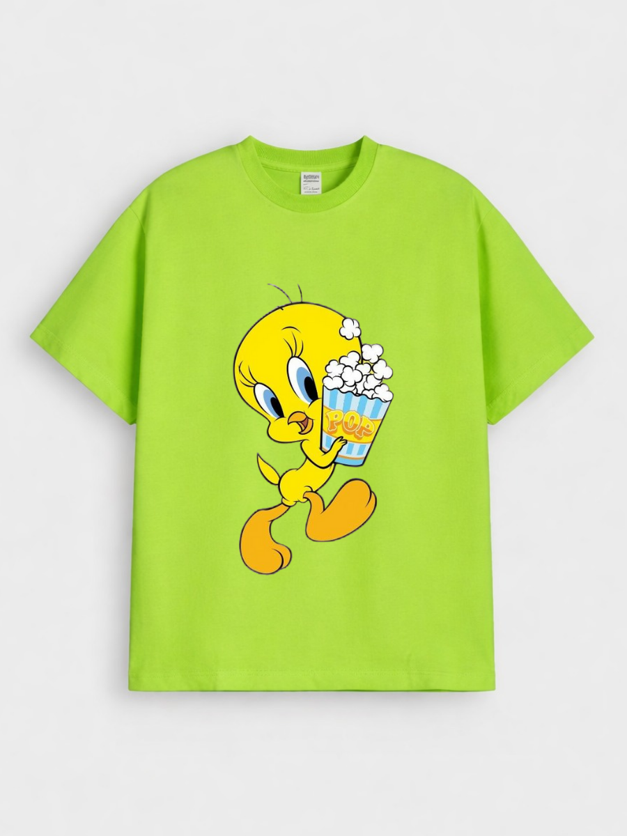 Boys Cartoon Tweety Popcorn Print Green Down Shoulder T-shirt