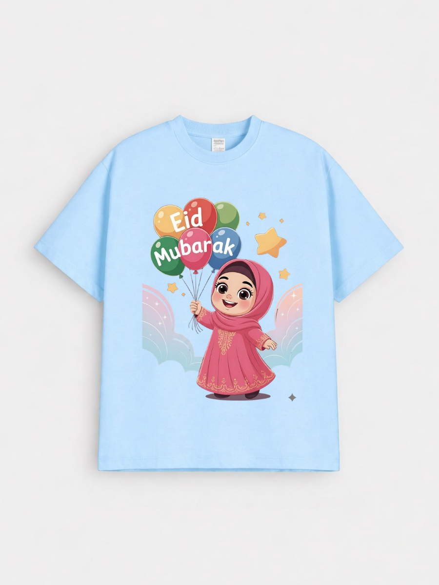 Girls Eid Mubarak Balloon Princess Graphic Down Shoulder T-shirt for Eid Celebration