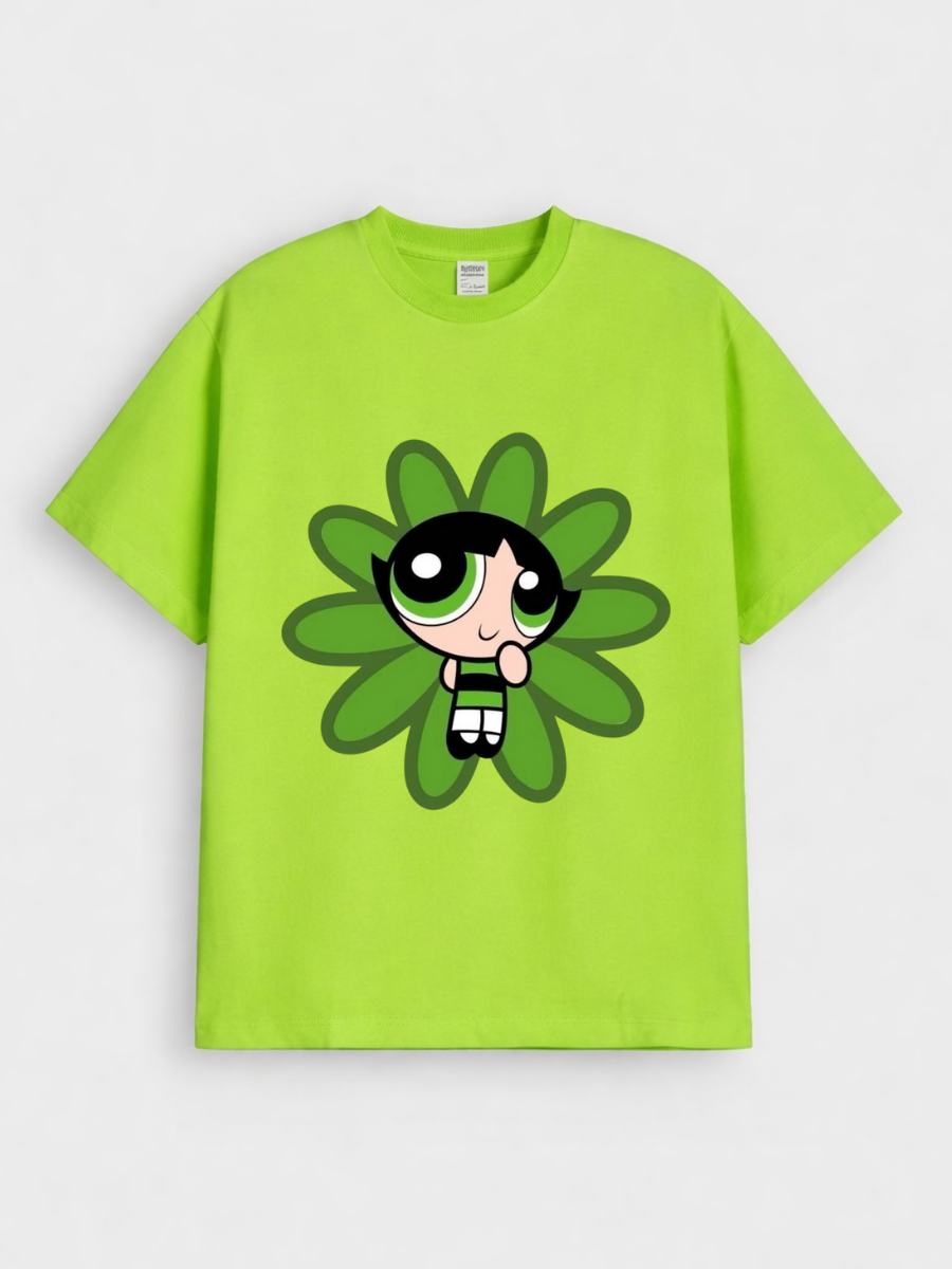 Girls Cartoon Blossom Powerpuff Print Green Down Shoulder T-shirt
