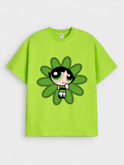 Girls Cartoon Blossom Powerpuff Print Green Down Shoulder T-shirt
