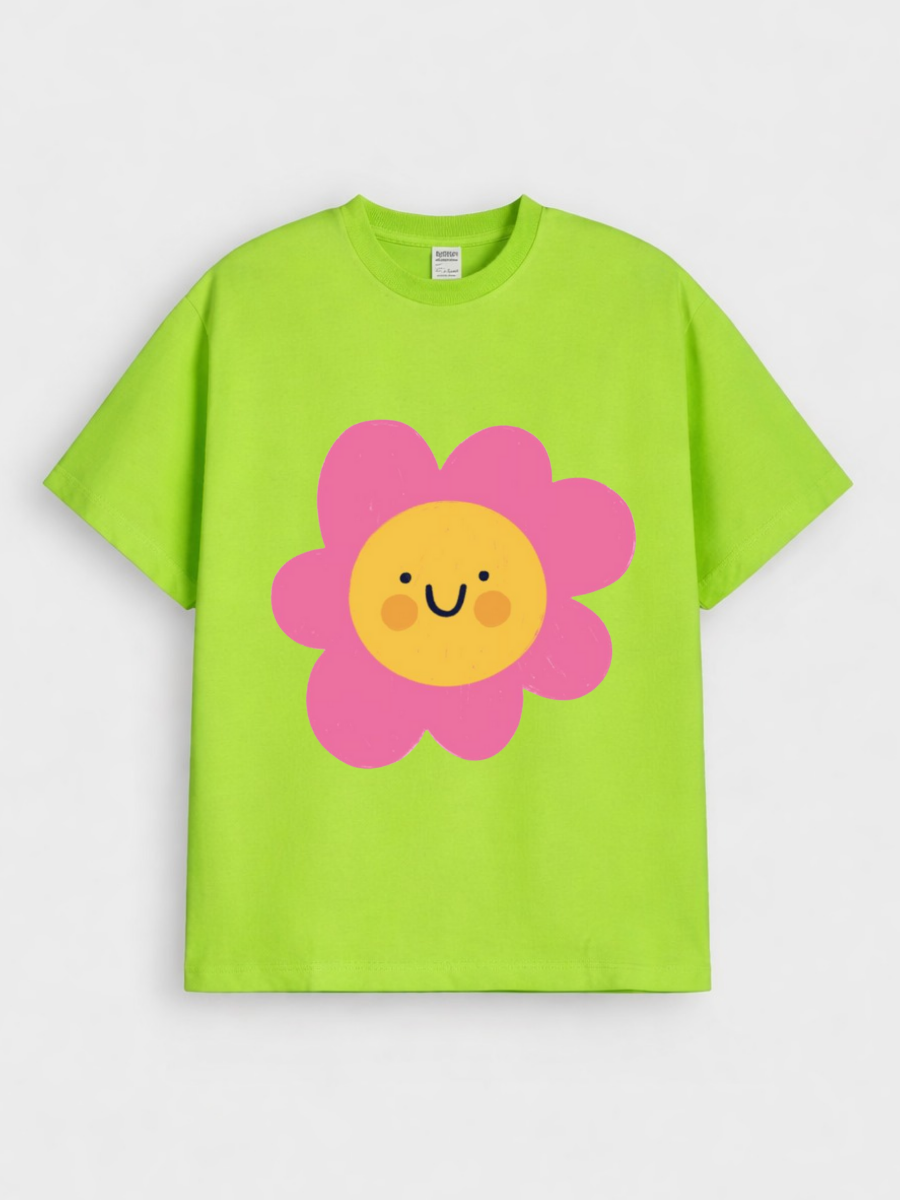 Girls Cute Flower Print Green Down Shoulder T-shirt