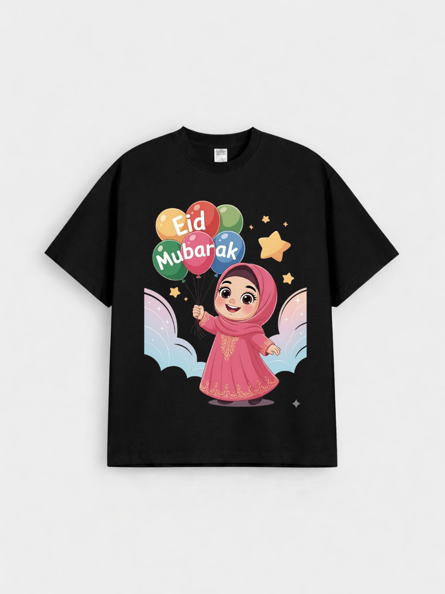 Girls Eid Mubarak Balloon Princess Graphic Down Shoulder T-shirt for Eid Celebration