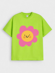 Girls Cute Flower Print Green Down Shoulder T-shirt