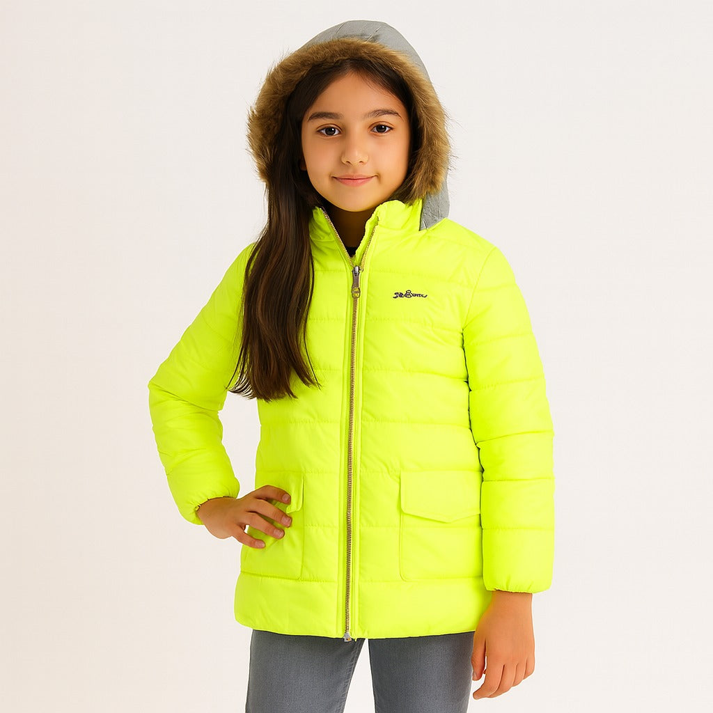 Neon fur cap puffer jacket