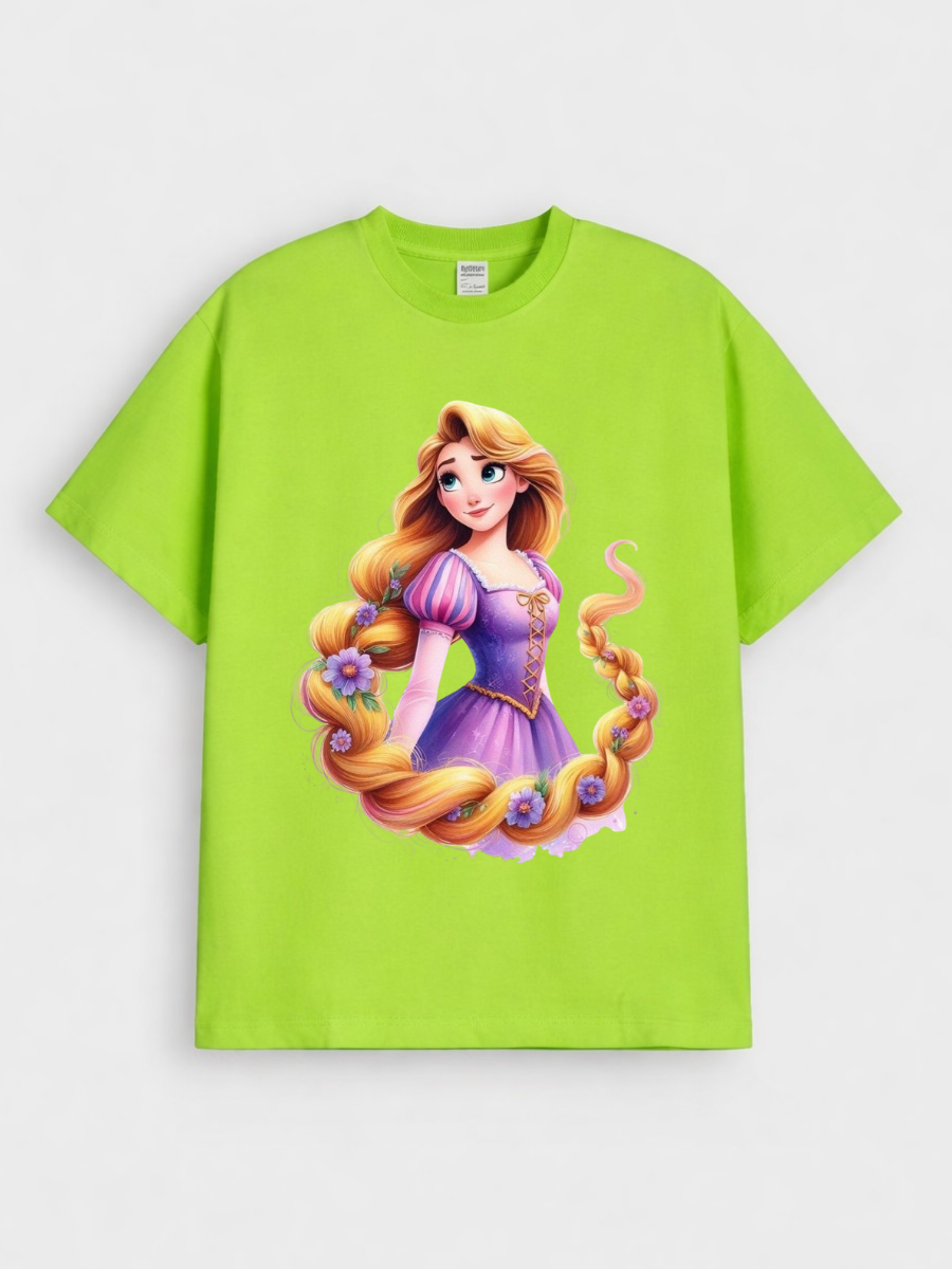Girls Cartoon Princess Rapunzel Print Green Down Shoulder T-shirt
