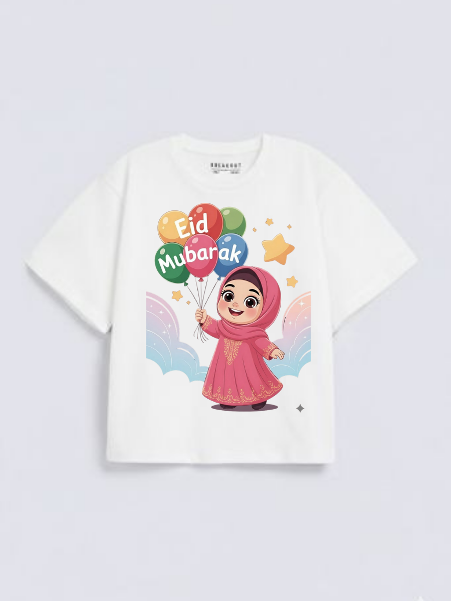 Girls Eid Mubarak Balloon Princess Graphic Down Shoulder T-shirt for Eid Celebration