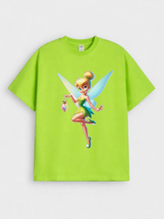Girls Cartoon Fairy Tinker Bell Print Green Down Shoulder T-shirt