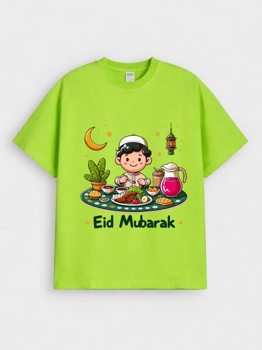 Boys Eid Mubarak Iftar Boy Graphic Down Shoulder T-shirt for Eid Celebration
