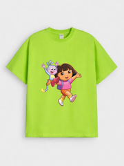 Girls Cartoon Dora and Boots Print Green Down Shoulder T-shirt