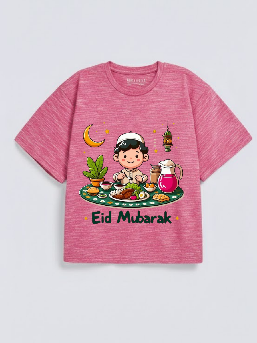 Boys Eid Mubarak Iftar Boy Graphic Down Shoulder T-shirt for Eid Celebration