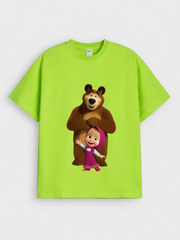 Girls Cartoon Masha and Bear Print Green Down Shoulder T-shirt