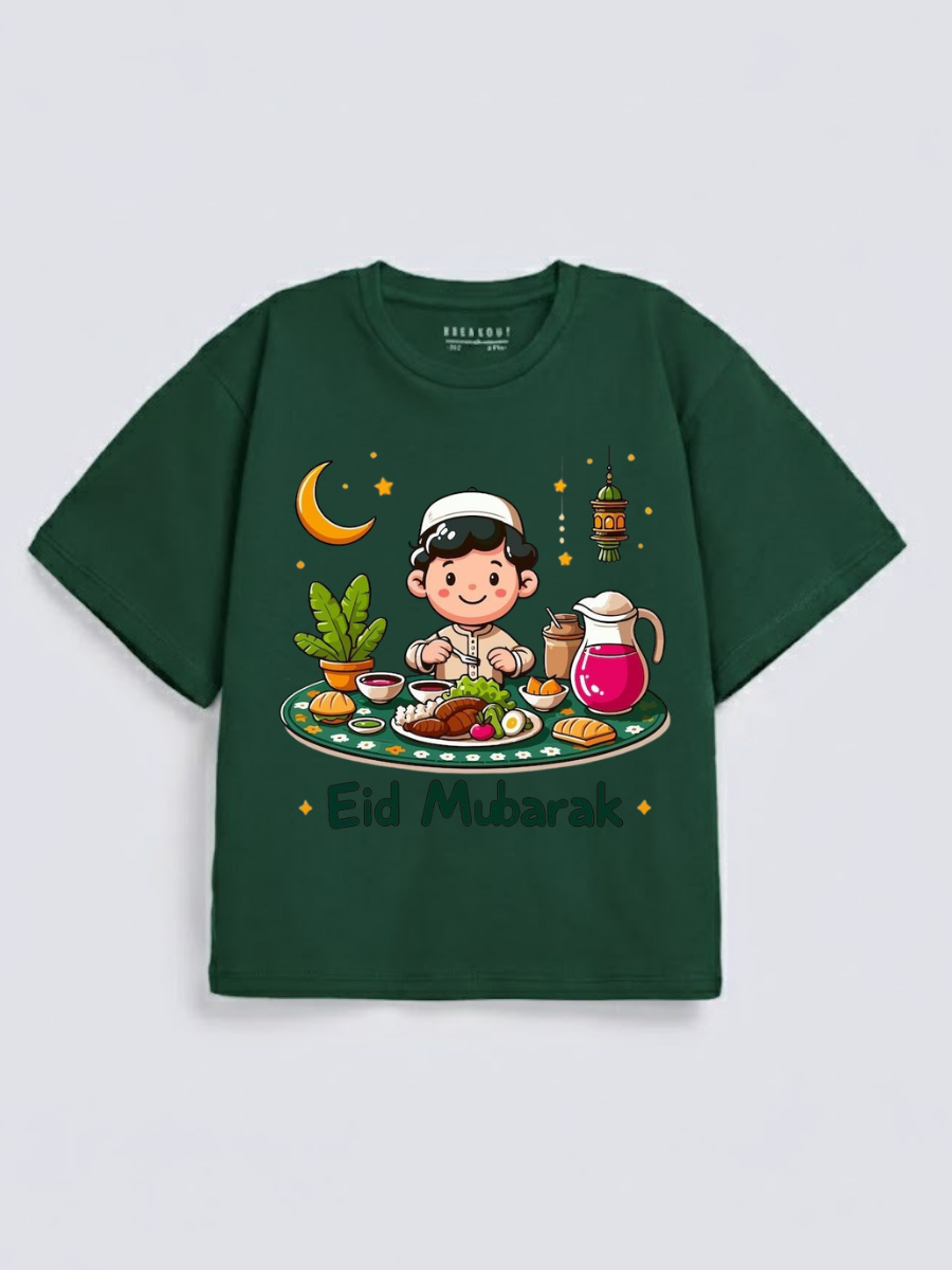 Boys Eid Mubarak Iftar Boy Graphic Down Shoulder T-shirt for Eid Celebration