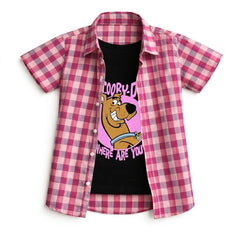 Boys Pink Checkered Cartoon Design Double Casual Shirt