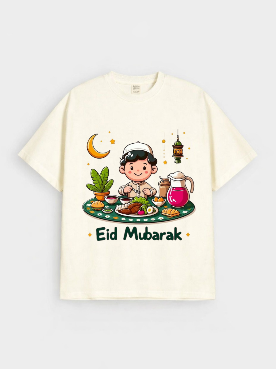 Boys Eid Mubarak Iftar Boy Graphic Down Shoulder T-shirt for Eid Celebration