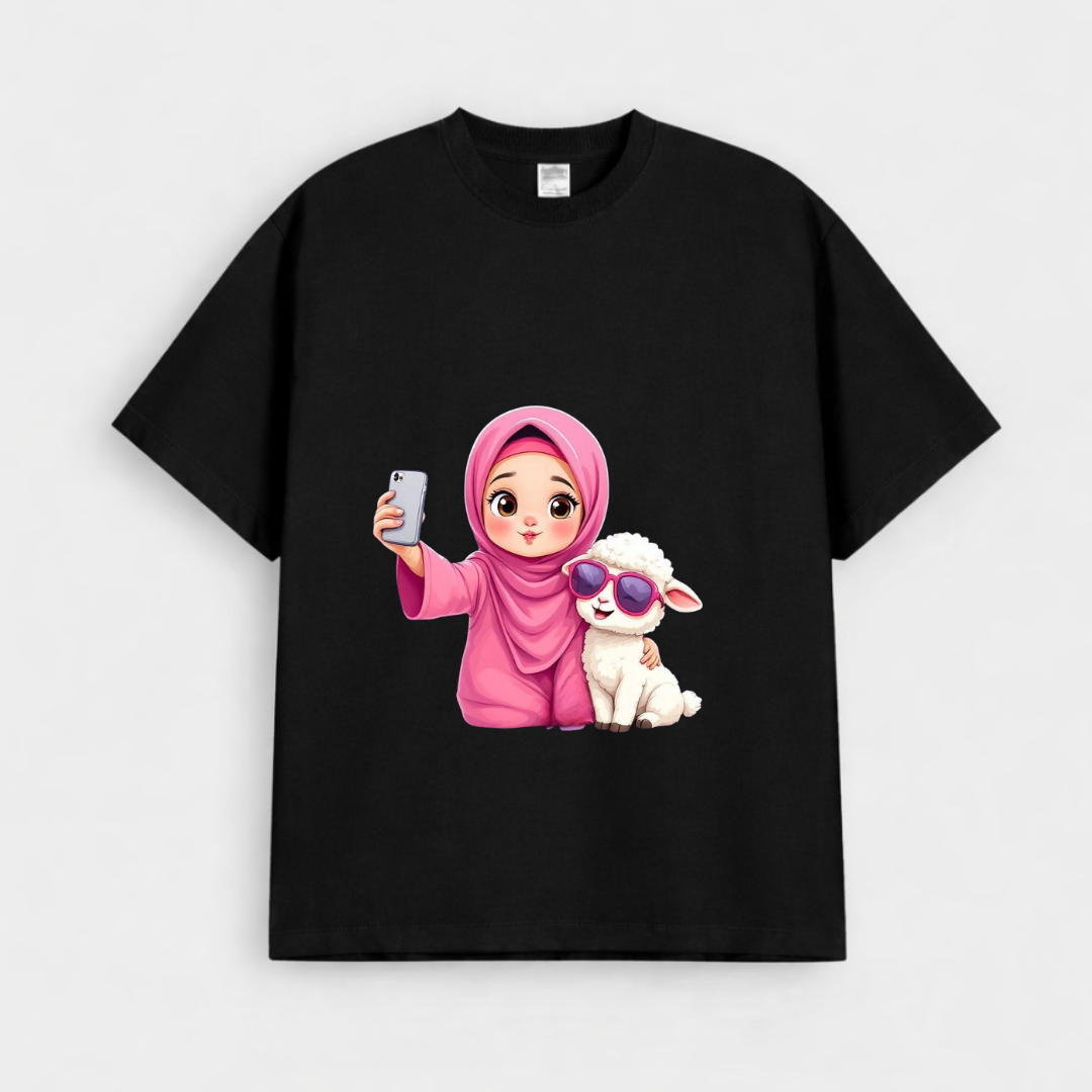 Girls Hijabi Selfie with Cool Lamb Graphic Drop-Shoulder T-Shirt (Eid Edit)