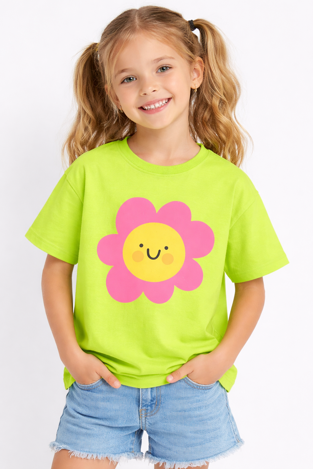 Girls Cute Flower Print Green Down Shoulder T-shirt