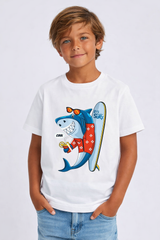 Boys Cool Surfing Shark Print White Down Shoulder T-shirt
