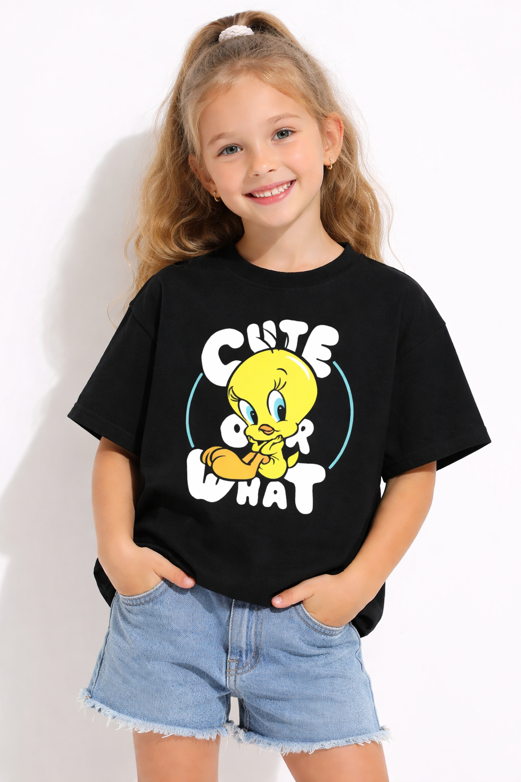 Girls Cute Cartoon Bird Black Down Shoulder T-shirt