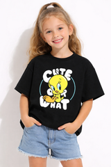 Girls Cute Cartoon Bird Black Down Shoulder T-shirt