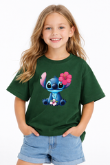 Girls Cute Stitch Green Down Shoulder T-shirt