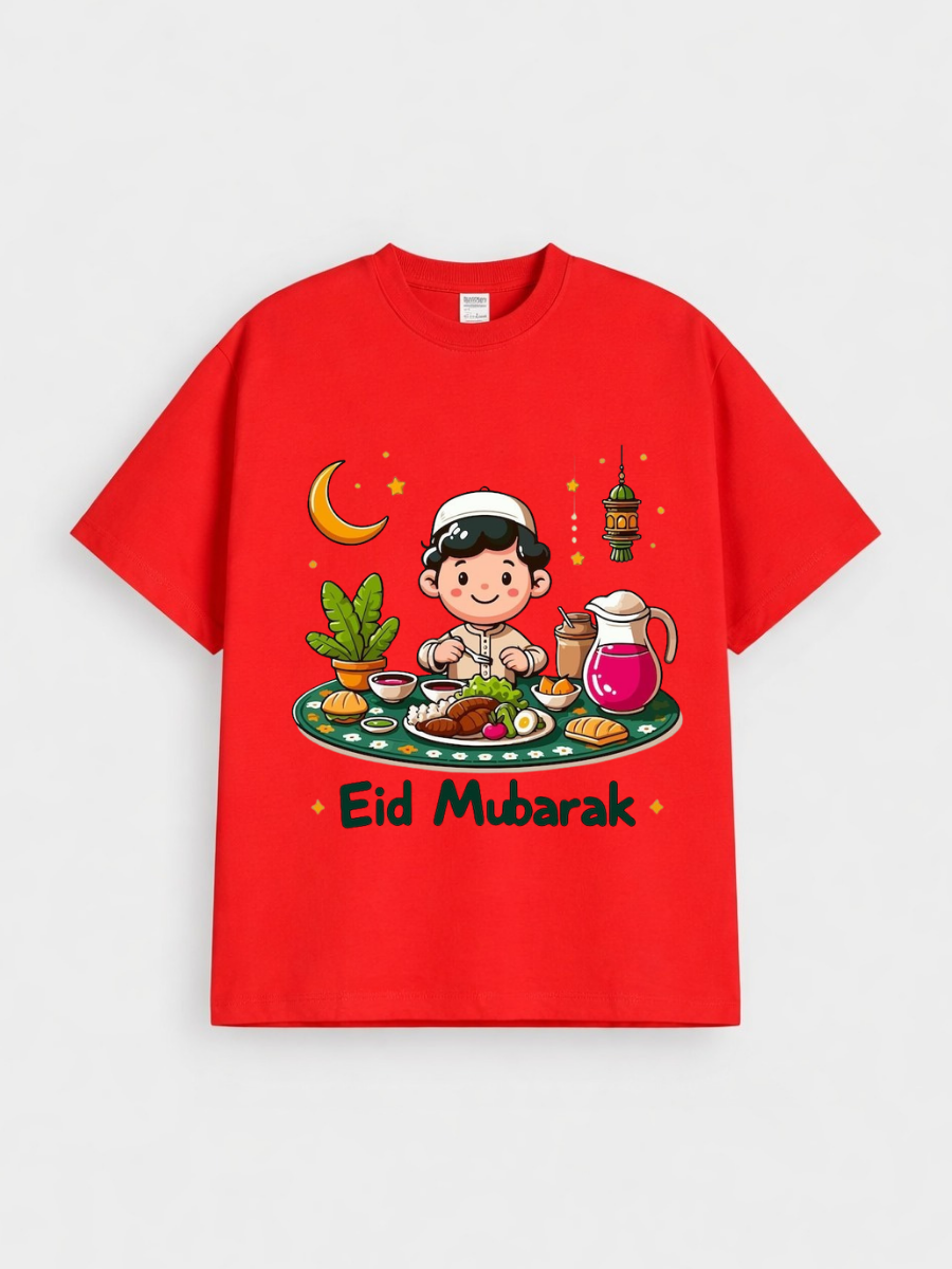 Boys Eid Mubarak Iftar Boy Graphic Down Shoulder T-shirt for Eid Celebration