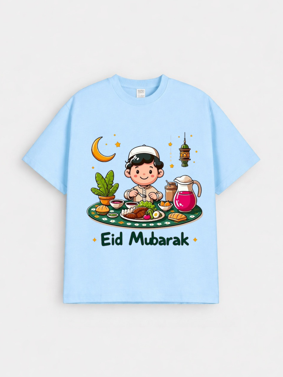 Boys Eid Mubarak Iftar Boy Graphic Down Shoulder T-shirt for Eid Celebration