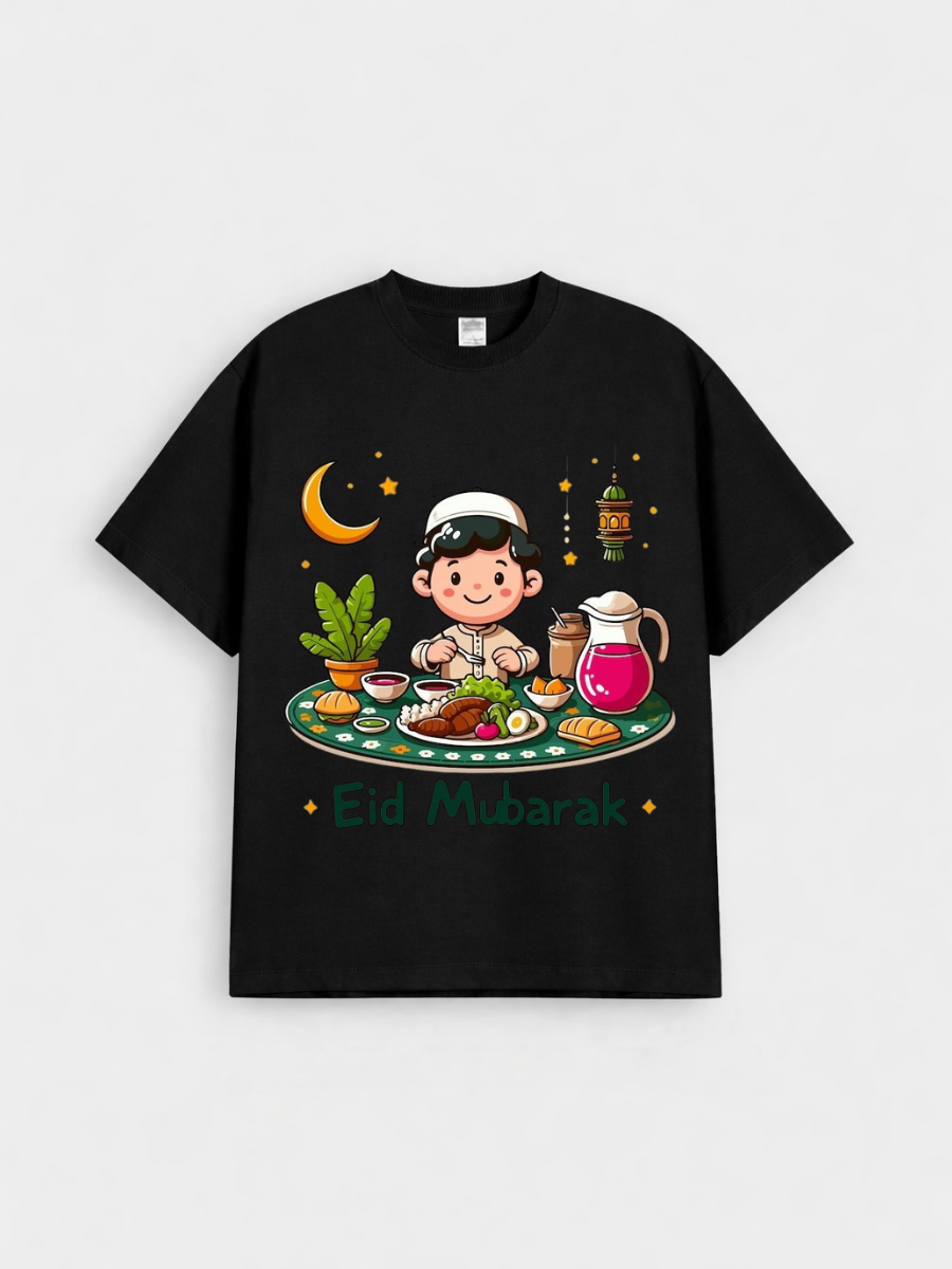 Boys Eid Mubarak Iftar Boy Graphic Down Shoulder T-shirt for Eid Celebration