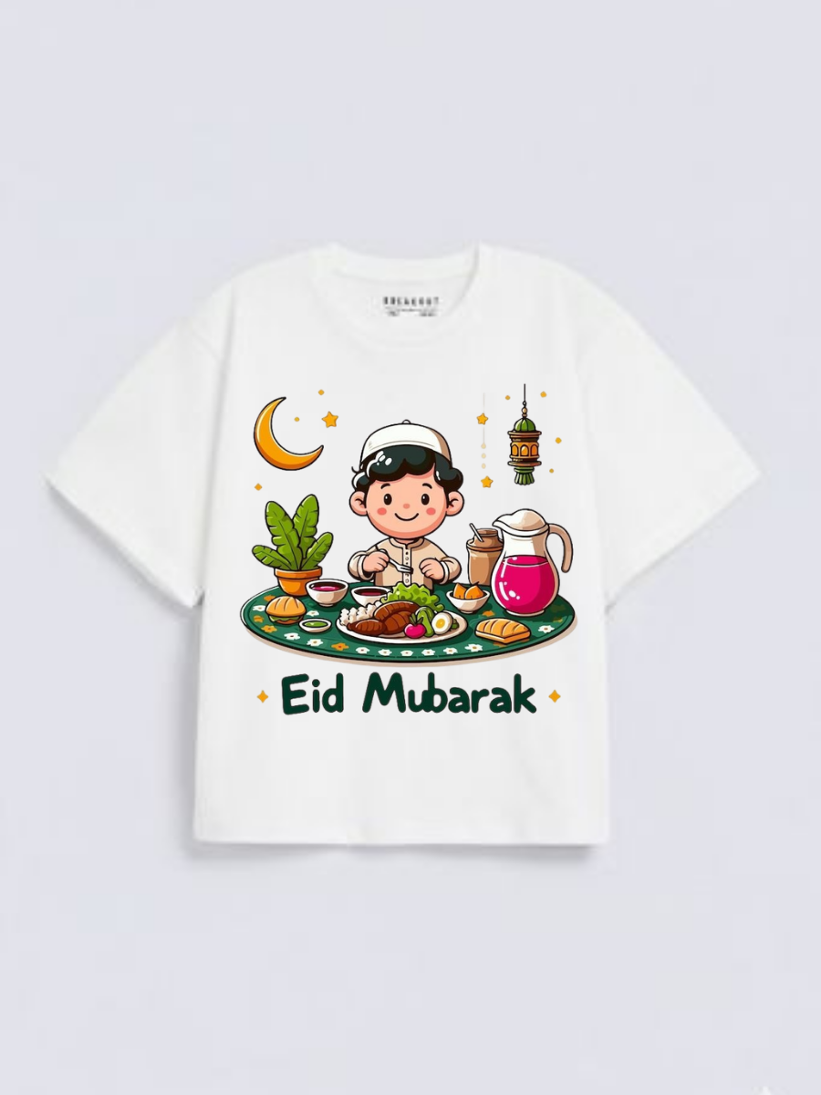 Boys Eid Mubarak Iftar Boy Graphic Down Shoulder T-shirt for Eid Celebration