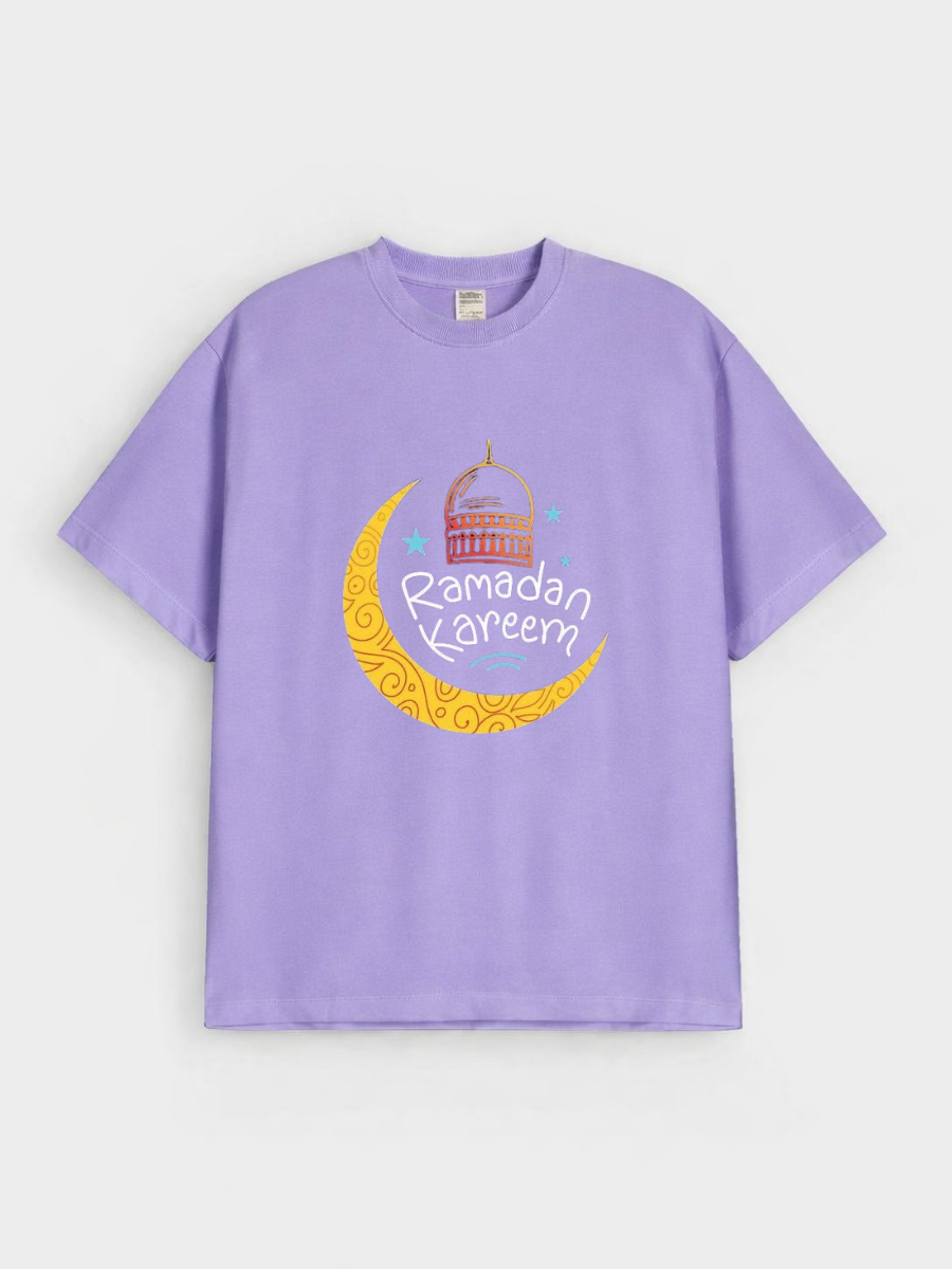 Boys Ramadan Kareem Crescent Lantern Graphic Down Shoulder T-shirt for Ramadan Celebration