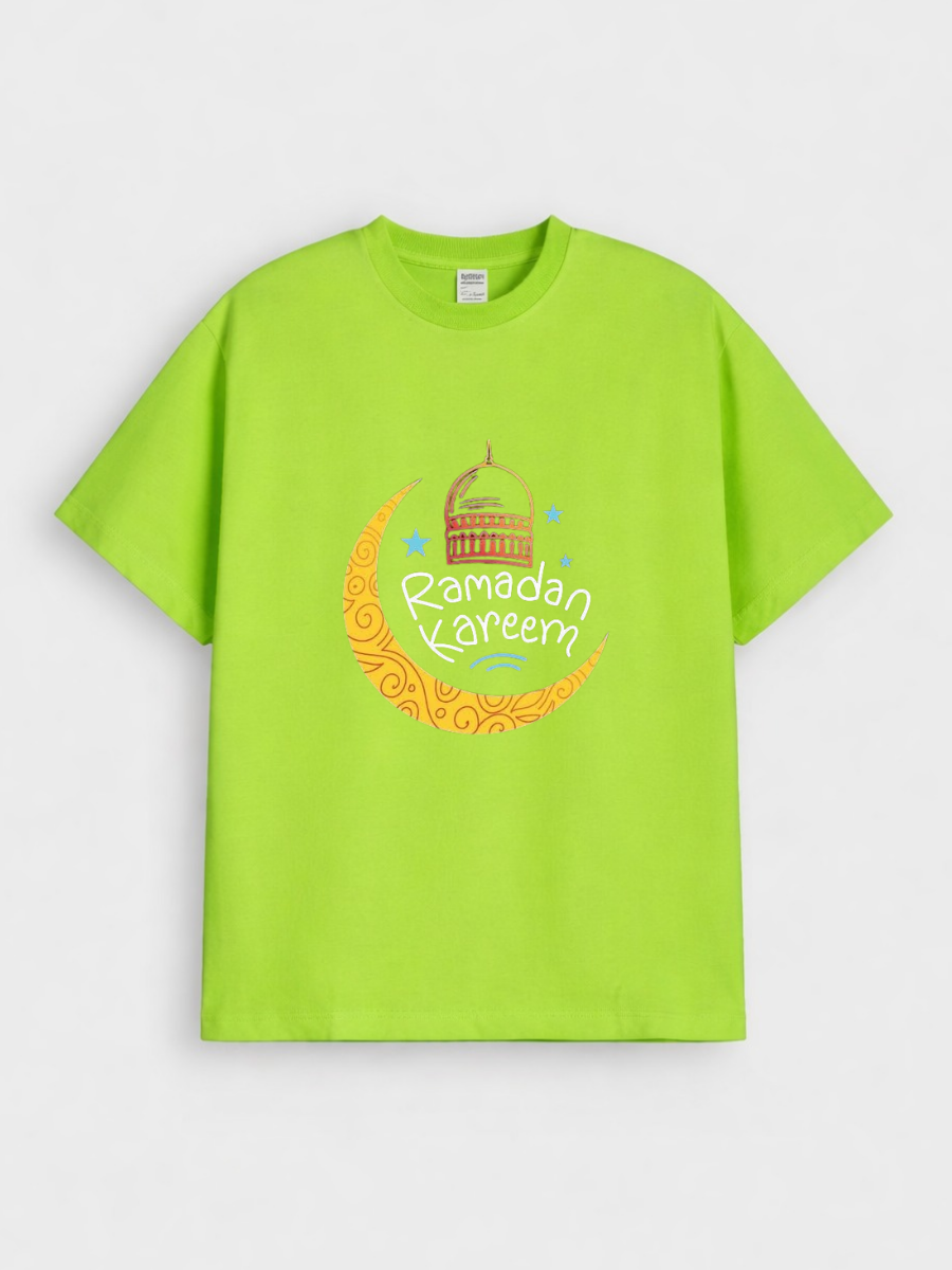 Boys Ramadan Kareem Crescent Lantern Graphic Down Shoulder T-shirt for Ramadan Celebration
