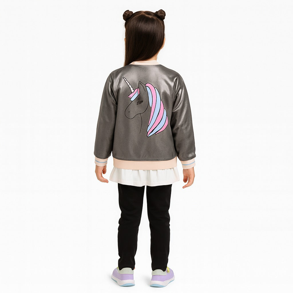 Girls gray unicorn leather jacket