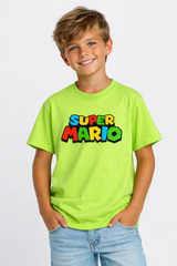 Boys Super Mario Logo Print Green Down Shoulder T-shirt
