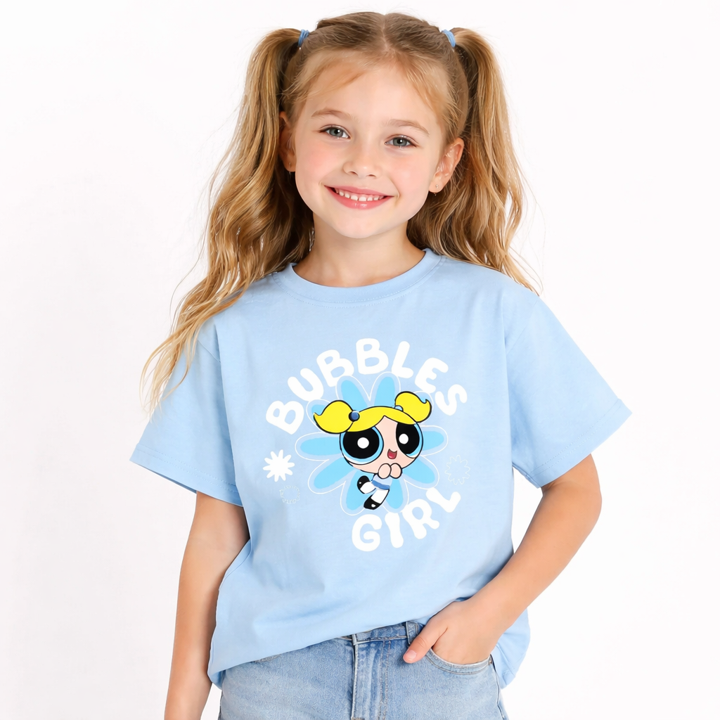 Girls Bubbles Girl Print Blue Down Shoulder T-shirt