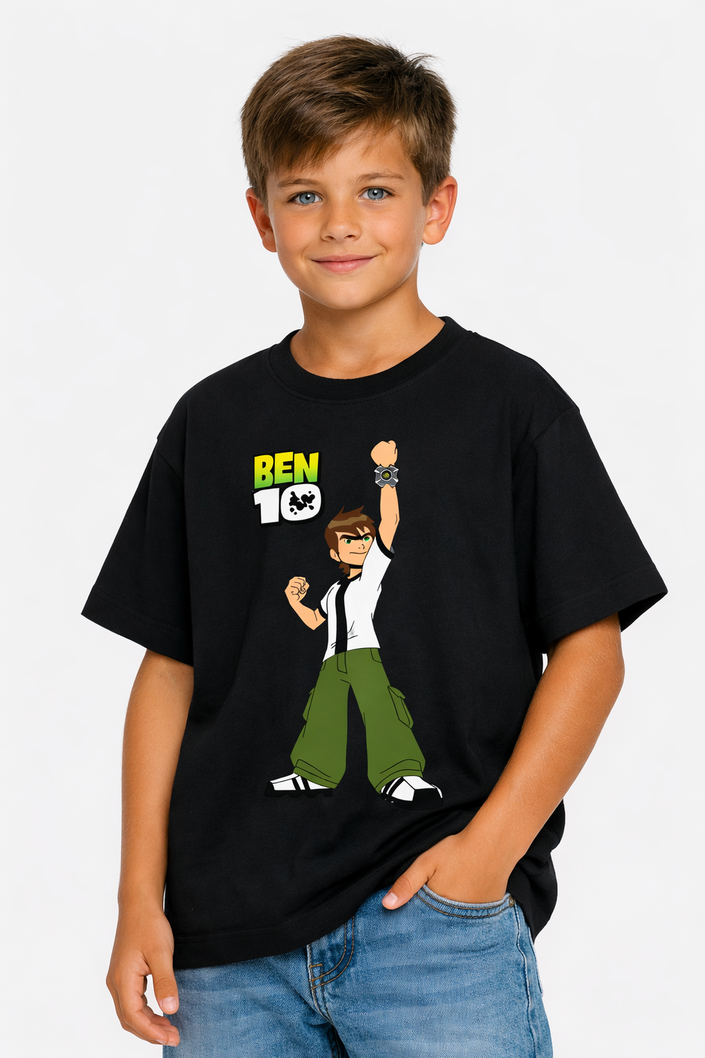 Boys Cartoon Hero Black Down Shoulder T-shirt