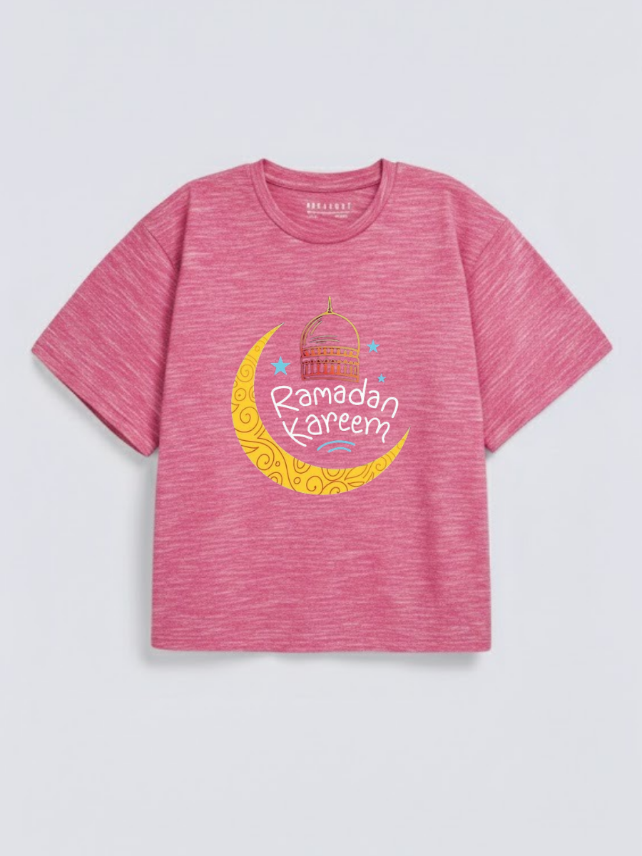 Boys Ramadan Kareem Crescent Lantern Graphic Down Shoulder T-shirt for Ramadan Celebration