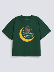 Boys Ramadan Kareem Crescent Lantern Graphic Down Shoulder T-shirt for Ramadan Celebration