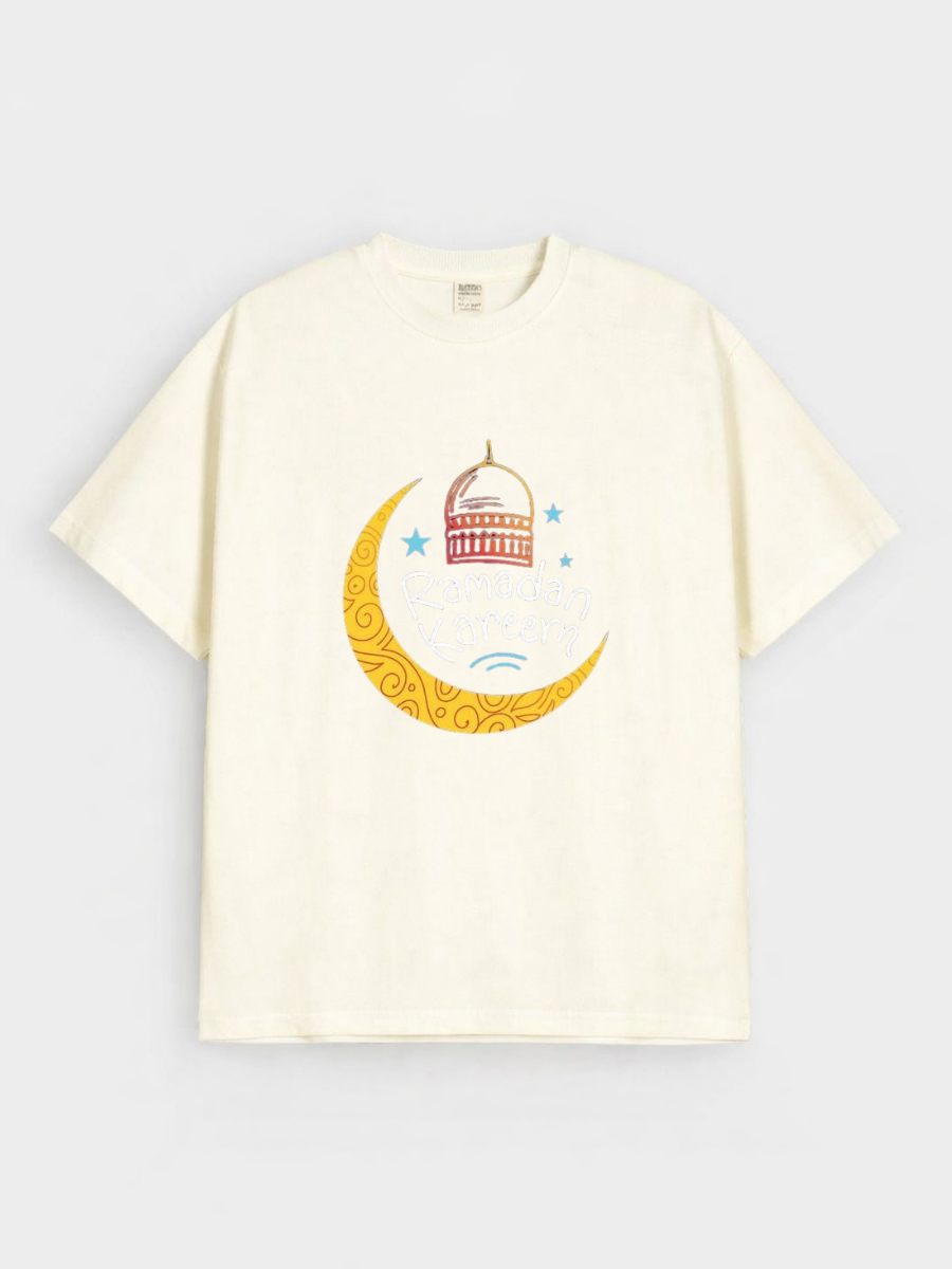 Boys Ramadan Kareem Crescent Lantern Graphic Down Shoulder T-shirt for Ramadan Celebration