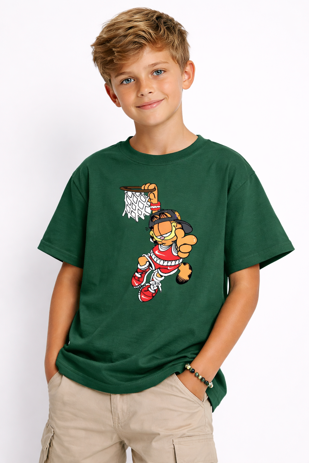 Boys Garfield Basketball Green Down Shoulder T-shirt