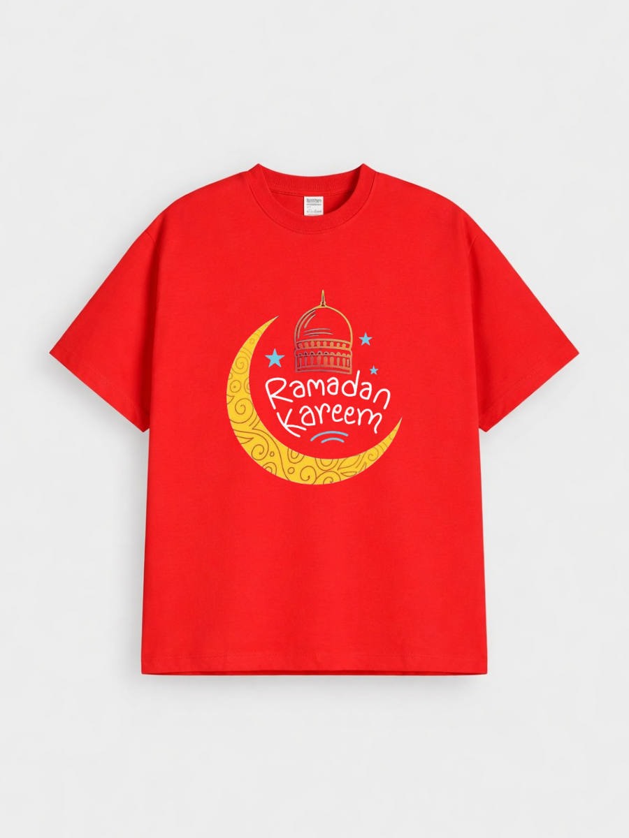 Boys Ramadan Kareem Crescent Lantern Graphic Down Shoulder T-shirt for Ramadan Celebration