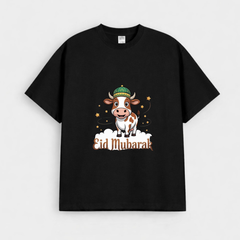 Girls "Eid Mubarak" Cute Cow Graphic Drop-Shoulder T-Shirt (Eid Edit)