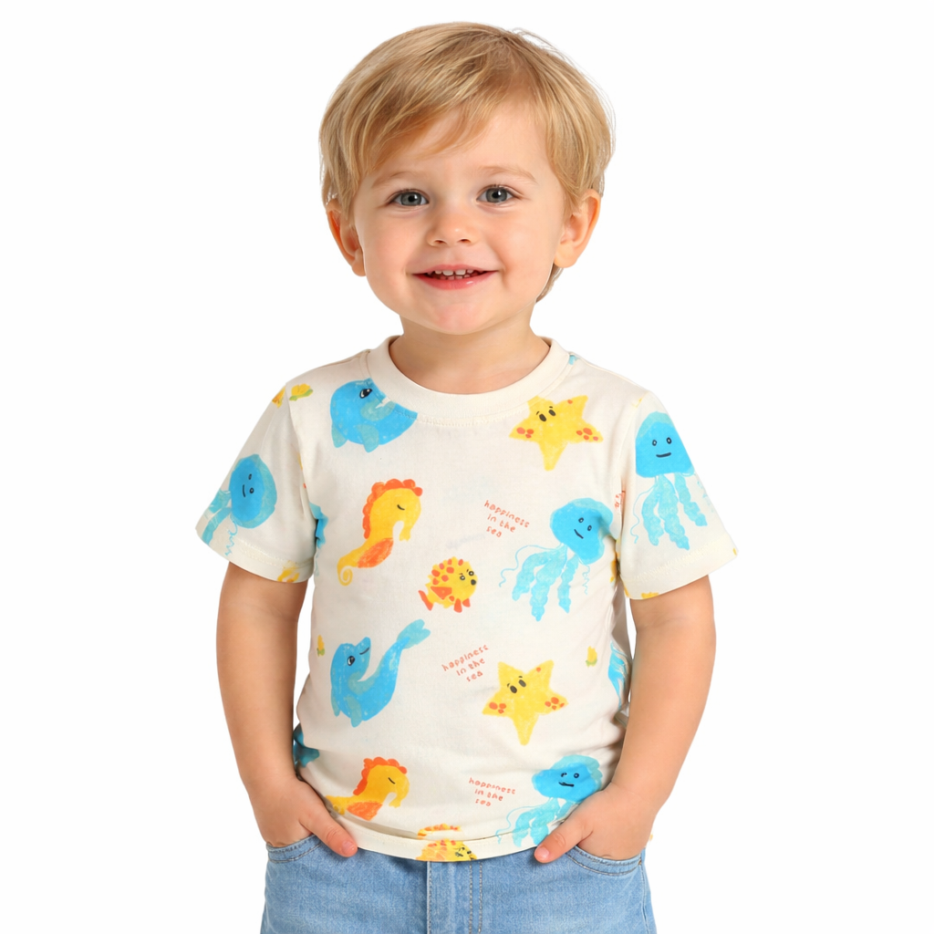Boys colourful sea animals off white shirt (Last Chance)
