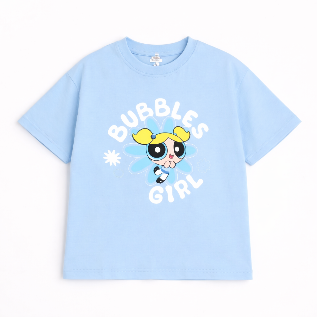 Girls Bubbles Girl Print Blue Down Shoulder T-shirt