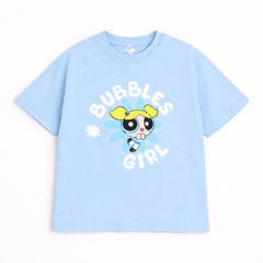 Girls Bubbles Girl Print Blue Down Shoulder T-shirt