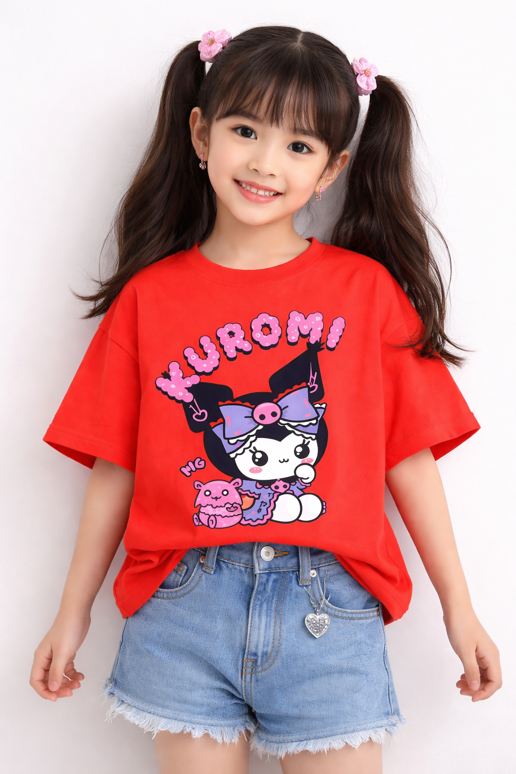 Girls Kuromi Cartoon Character Red Down Shoulder T-shirt