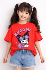 Girls Kuromi Cartoon Character Red Down Shoulder T-shirt