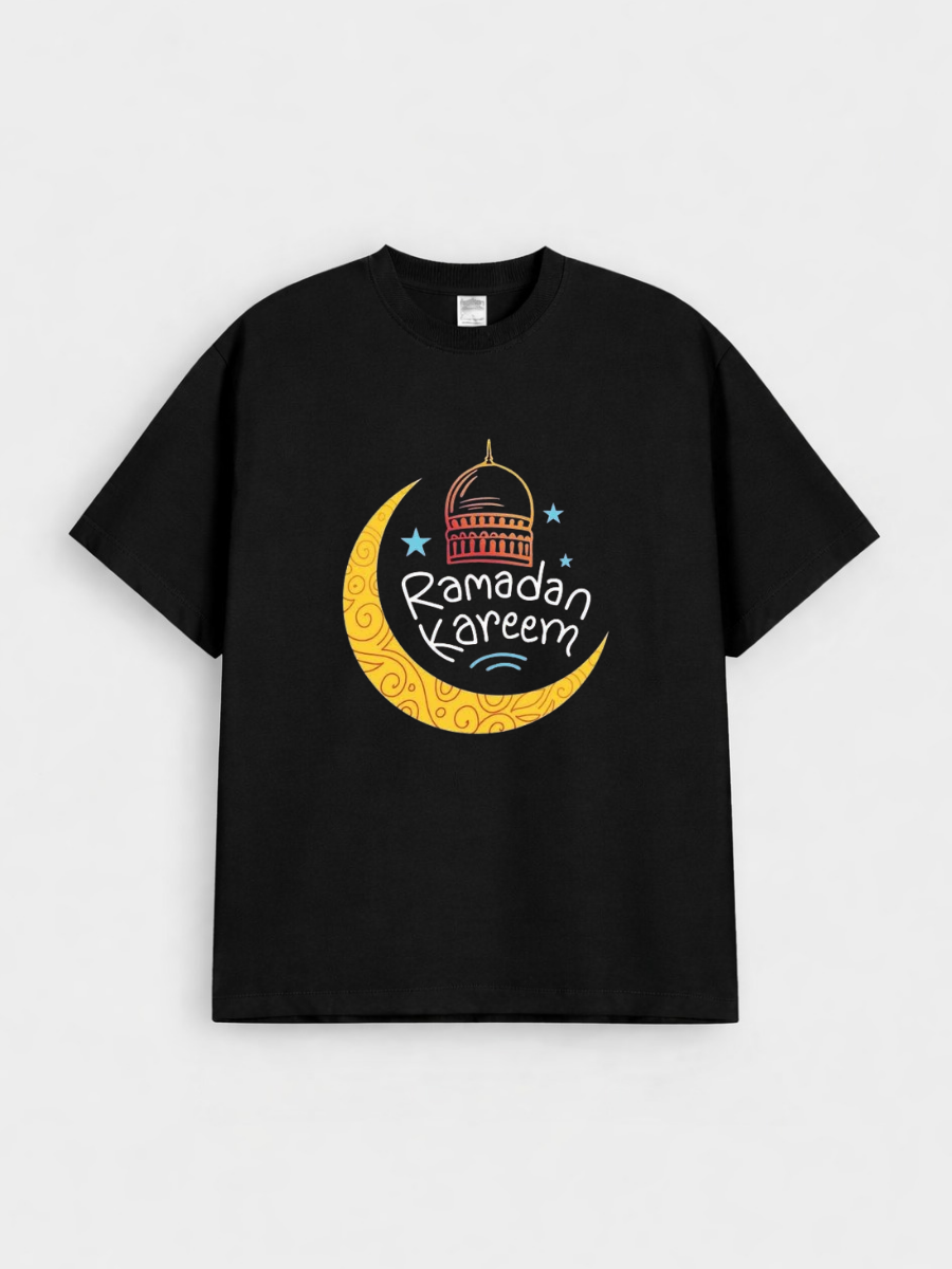 Boys Ramadan Kareem Crescent Lantern Graphic Down Shoulder T-shirt for Ramadan Celebration